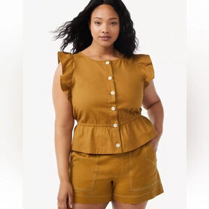 Free Assembly women’s flutter sleeve button top organic cotton SZ XS brown